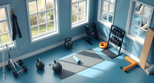 Modern Home Gym with Large Windows and Natural Light