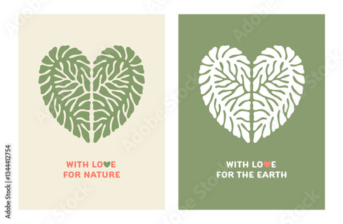 Set of eco-friendly greeting cards with heart-shaped leaf designs and nature protection messages. Perfect for Earth Day, environmental awareness and eco campaigns