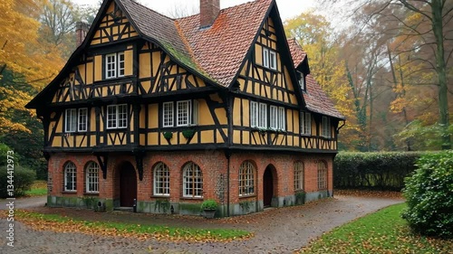 Charming half-timbered house surrounded by autumn foliage in a serene forest setting