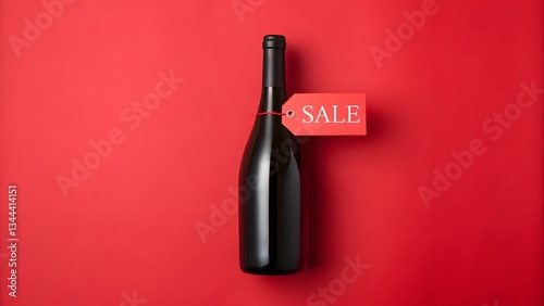 Elegant wine bottle on bold red, showcasing a vibrant SALE tag—perfect to spotlight luxury at unbeatable prices, marketing, ads