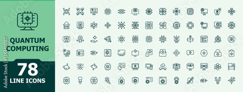 Quantum Computing icon set. Contain linear symbols engineering, science, computing, quantum, computer and more. Minimalist linear icons. Editable vector art and illustration.
