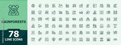 Rainforests modern icon. Includes symbols for forest, foliage, green, wildlife, nature and more. Minimalist editable vector stroke. Botanical icon set. Conceptual pictogram and infographic.