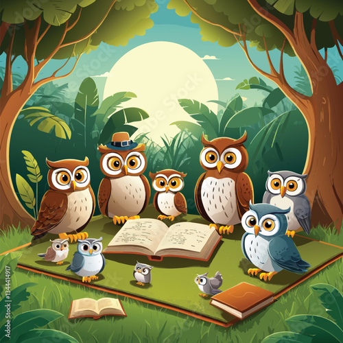 Enchanting Jungle Gathering of Wise Owls Reading a Book Under the Moonlight