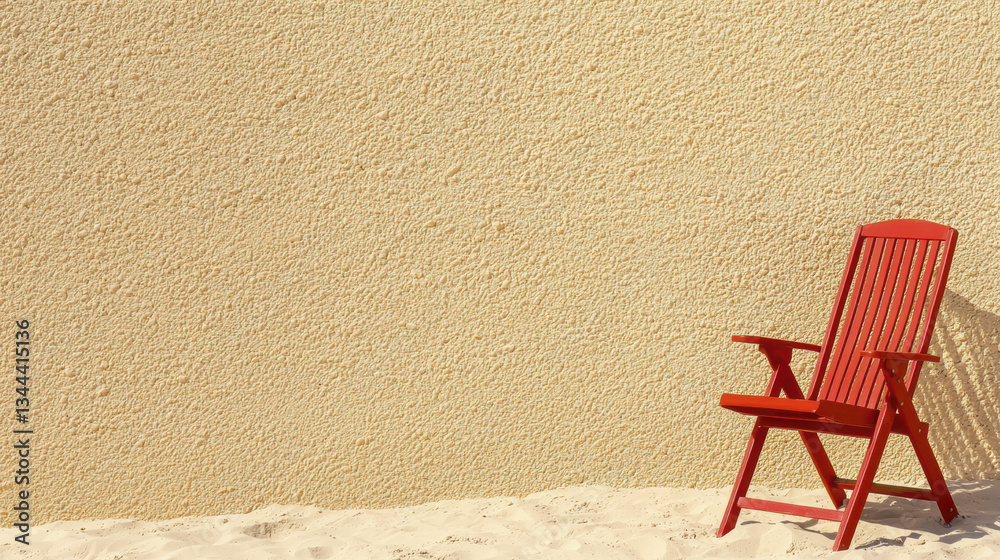 vibrant red chair stands against textured yellow wall, creating striking contrast. sandy ground adds beachy feel to scene vibrant red chair stands against textured yellow wall, creating striking contrast. sandy ground adds beachy feel to scene