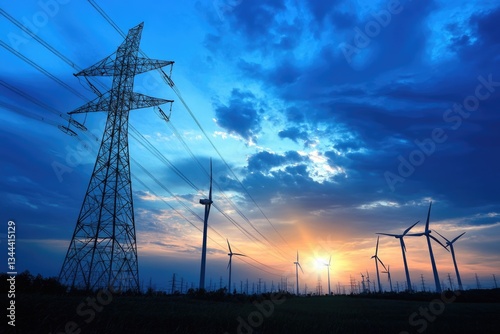Renewable Energy Integration: Contrast of Old Coal and New Wind Turbines Feeding the National Grid via Electricity Pylons