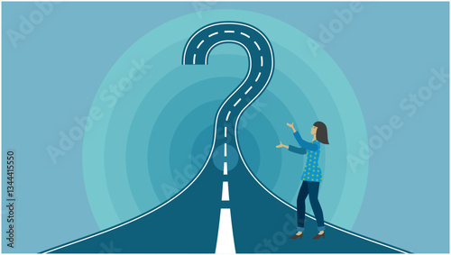 Woman in front of road in shape of question mark. Dimension 16:9. Vector illustration.
