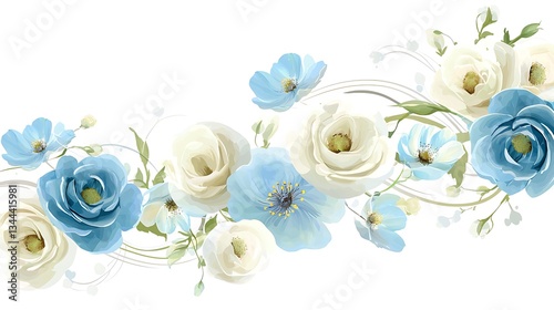 Blue and White Flower Arrangement for invitation, greeting or wallpaper on white