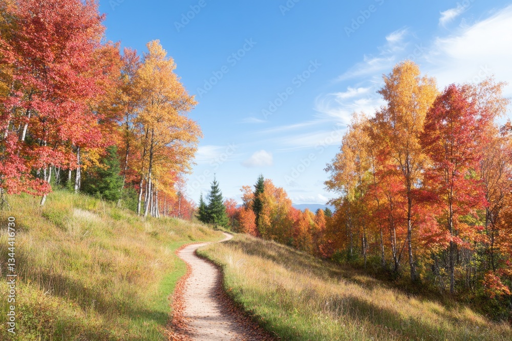 Fototapeta premium autumnal forest landscape with vibrant leaves in red orange and yellow hues for copy space