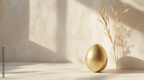 Golden egg with a metallic sheen positioned beside dry grass stems, illuminated by soft sunlight that casts elegant shadows on a beige background. 