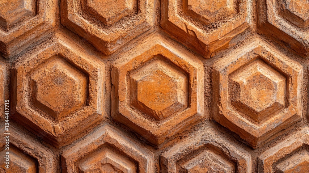 Fototapeta premium The background image depicts a polished, futuristic wall with a peach-colored tile wallpaper, accentuated by 3D diamond-shaped blocks