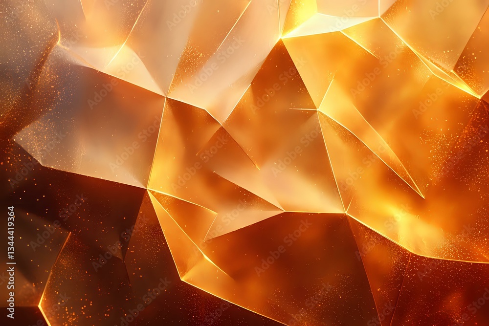 Obraz premium Abstract geometric background with golden orange crystalline shapes and light effects creating dynamic angular patterns with glowing translucent surfaces.