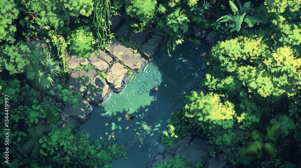 Tranquil stream surrounded by lush vegetation enchanted forest digital art serene environment aerial view nature's beauty Tranquil stream surrounded by lush vegetation enchanted forest digital art serene environment aerial view nature's beauty