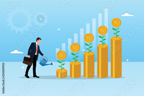 A concept image of a businessman watering compound interest seedlings to help them grow. Profit or earnings. Prosperity concept. Compound interest growth. Source of investment or wealth accumulation.