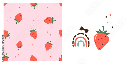 Seamless pattern of red strawberry with green leaves and seed on pink background vector. Strawberry, rainbow, ribbon bow and seed icon set isolated on white background vector.