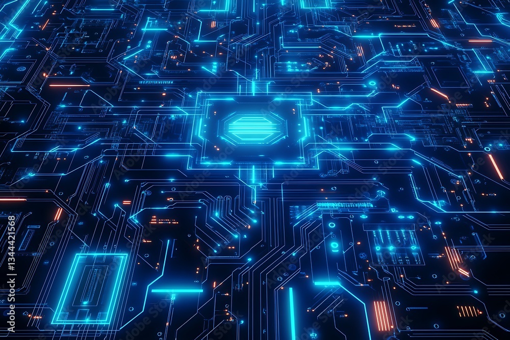 A blue circuit board with glowing elements and data flowing through it, representing the technology behind artificial intelligence. A blue circuit board with glowing elements and data flowing through it, representing the technology behind artificial intelligence.