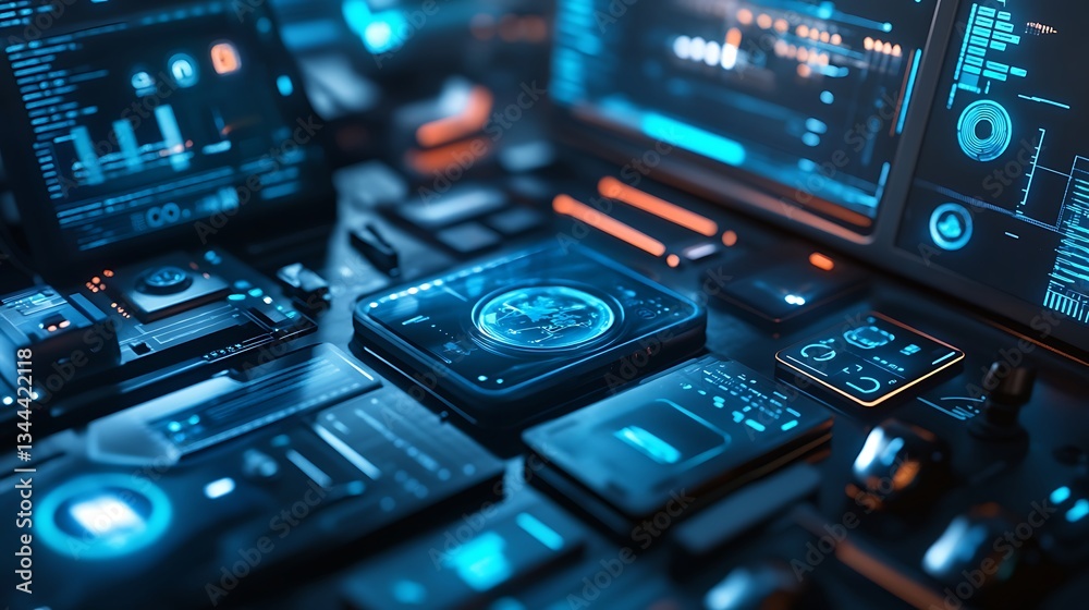 Futuristic electronics and gadgets with cutting-edge digital technology displayed high resolution Wallpaper Futuristic electronics and gadgets with cutting-edge digital technology displayed high resolution Wallpaper