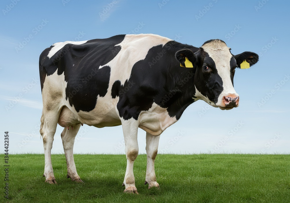 Holstein cow, Holstein Cow Grazing in a Lush Green Pasture Under a Clear Blue Sky Holstein cow, Holstein Cow Grazing in a Lush Green Pasture Under a Clear Blue Sky