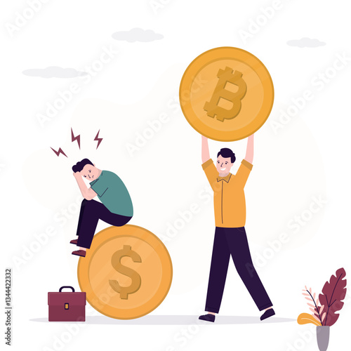 Unhappy loser investor with dollar assets and happy successful investor with bitcoin. Investments in crypto currencies, bitcoin as protective asset. Rising value of crypto.