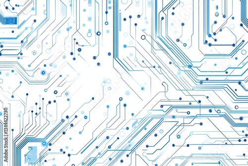 A close-up of the surface texture and circuit patterns on an electronic board, with light blue color tones and a white background. The focus is set to emphasize details such as wires or components ins