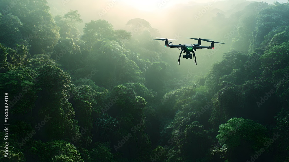 Fototapeta premium Drone flying over a lush forest for natural exploration