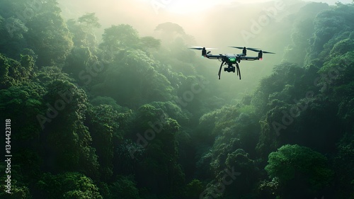 Fototapeta Naklejka Na Ścianę i Meble -  Drone flying over a lush forest for natural exploration