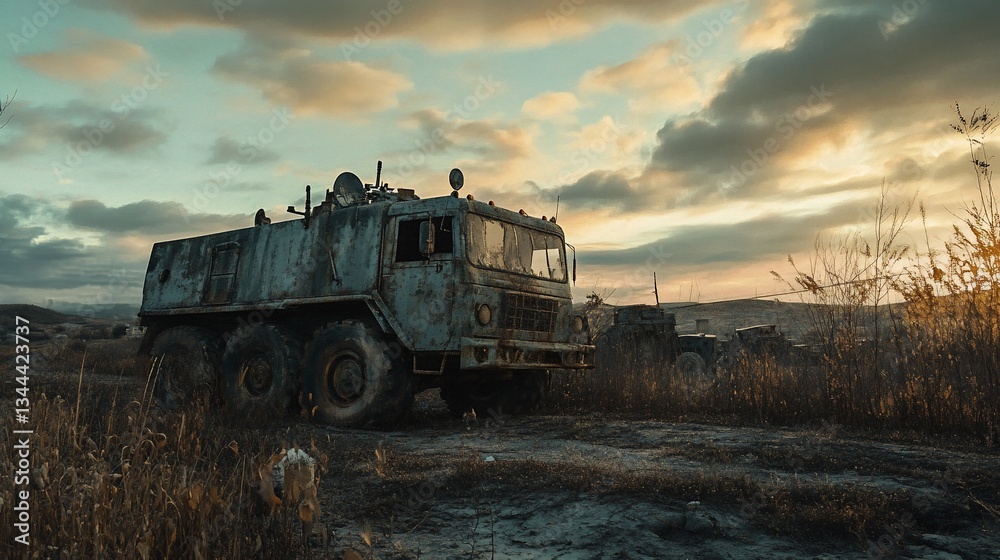 Fototapeta premium Abandoned Military Truck at Sunset
