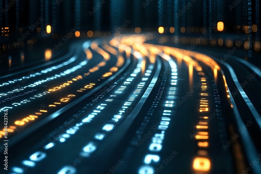 Fototapeta premium Glowing digital data streams curve across dark background with blue and orange light trails, representing network connections and information flow in technology.