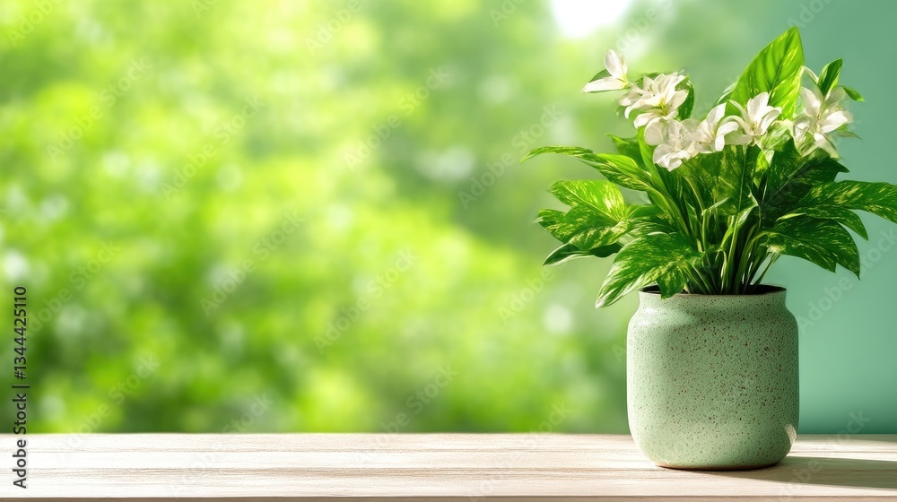 A delicate bouquet of white flowers in a light teal ceramic vase, sits on a wooden surface in front of a blurred, verdant outdoor scene A delicate bouquet of white flowers in a light teal ceramic vase, sits on a wooden surface in front of a blurred, verdant outdoor scene