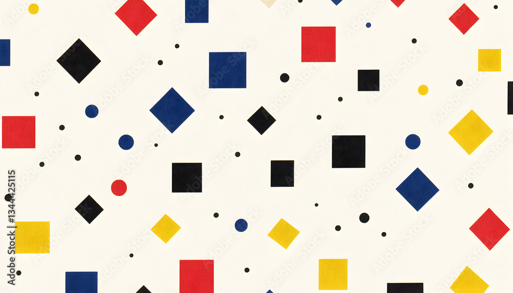 Abstract geometric pattern featuring squares, diamonds, and circles in red, blue, yellow, and black on a white background. Ideal for modern design projects, textiles, and web backgrounds. Abstract geometric pattern featuring squares, diamonds, and circles in red, blue, yellow, and black on a white background. Ideal for modern design projects, textiles, and web backgrounds.