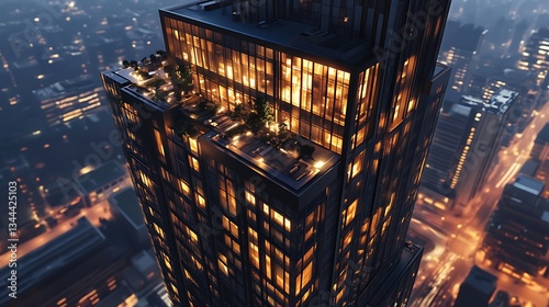 A majestic skyscraper lights up the dark city streets image