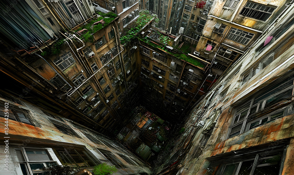 Fototapeta premium Urban decline, an illustration of a building in disrepair with signs of life
