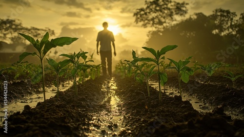 Sunrise Farm Path Man Walks Through Young Plants photo