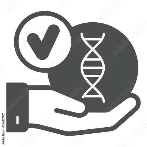 Approved DNA test with hand solid icon, genetic research concept. Vector graphics. Hand palm and DNA chain, checkmark sign on white background, glyph style icon for mobile or web design.