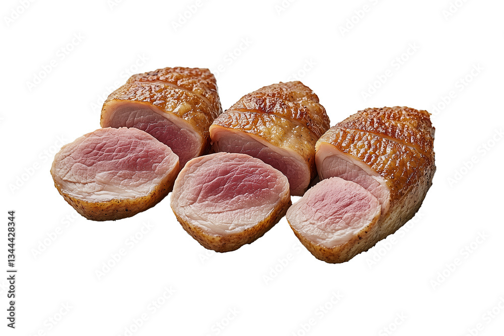PNG cut out isolated background. Three pieces of grilled duck meat slices with a tender pink center and a crispy, seasoned outer layer. PNG cut out isolated background. Three pieces of grilled duck meat slices with a tender pink center and a crispy, seasoned outer layer.