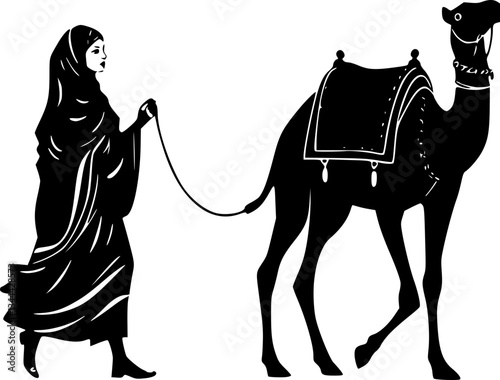 Arabic woman walking with a camel in a monochrome black and white illustration