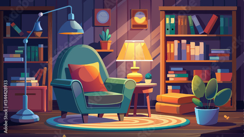 cozy reading nook with a comfortable armchair, a stack of books, and a warm lamp casting a soft glow