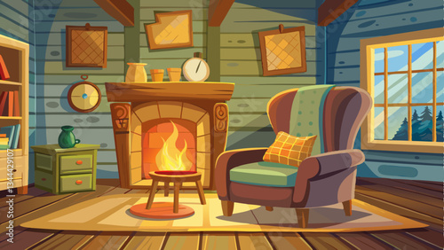 vintage wooden chair, placed beside a cozy fireplace in a rustic living room
