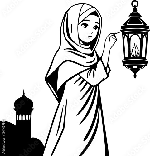 Young Muslim Girl Holding Lantern Monochrome Minimalist Elegant Illustration Art