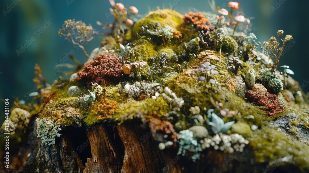 Fototapeta premium Vibrant Microcosm of Moss and Fungi on Decaying Log in Forest Environment