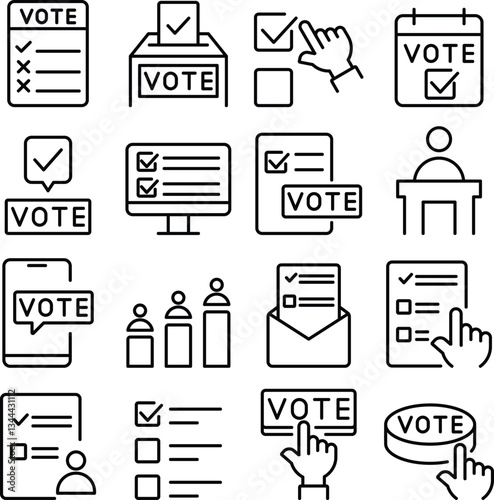 Voting icon set. Includes of election, ballot, vote, democracy, voting box, and More. Outline icons vector collection