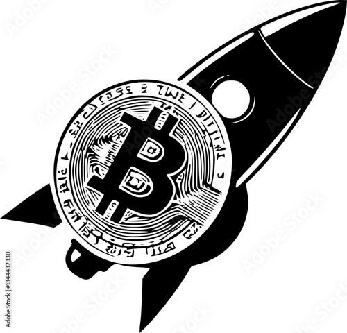 A golden Bitcoin coin strapped to a rocket soaring into space monochrome illustration