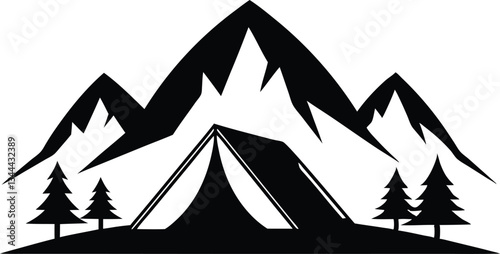 Camping Tent in the mountain  black  silhouette