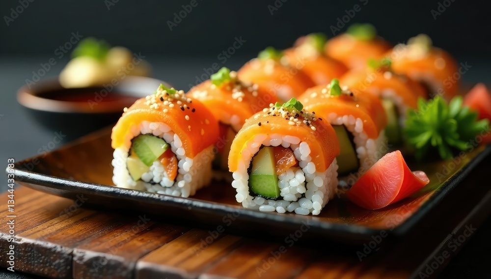 Various sushi rolls, soy sauce, wasabi, ginger, sushi, delicious, fish Various sushi rolls, soy sauce, wasabi, ginger, sushi, delicious, fish