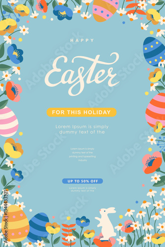 Easter background for sale promotions, social media, greeting cards, posters, holiday covers. Trendy design with typography, hand drawn flowers, eggs and bunny, in vibrant colors. Vector illustration.