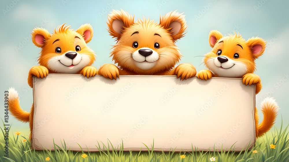 Naklejka premium Cute cartoon characters holding blank banner