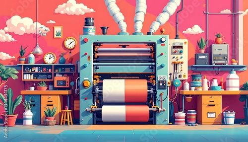 Vibrant Printing Press Illustration in Colorful Studio