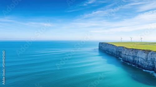 Scenic Coastal Landscape with Wind Turbines and Clear Blue Waters