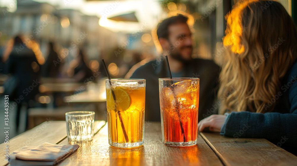 Two refreshing iced drinks at a sunny outdoor cafe tea bar red day lemon. Two refreshing iced drinks at a sunny outdoor cafe tea bar red day lemon.