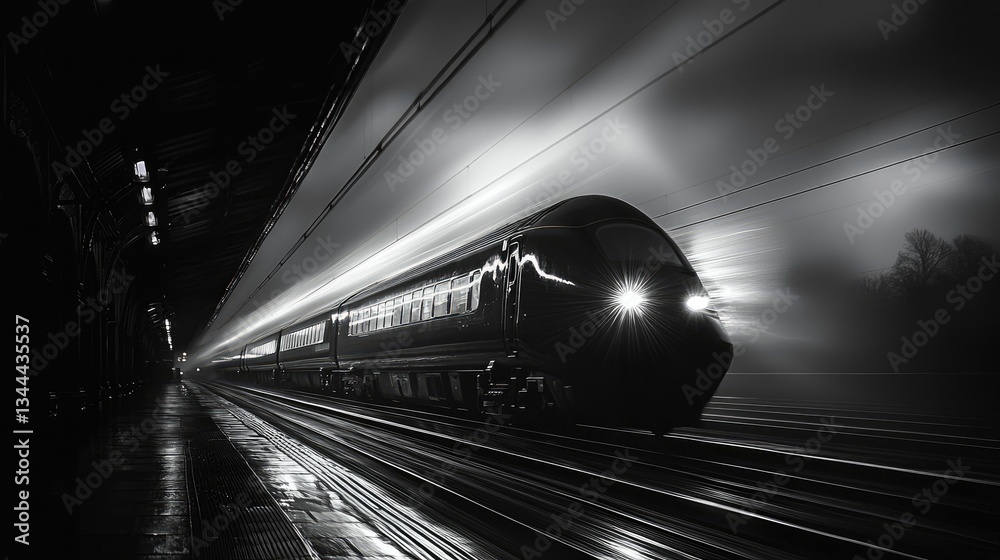 Fototapeta premium High-speed train rushing through a misty station at night, showcasing motion blur