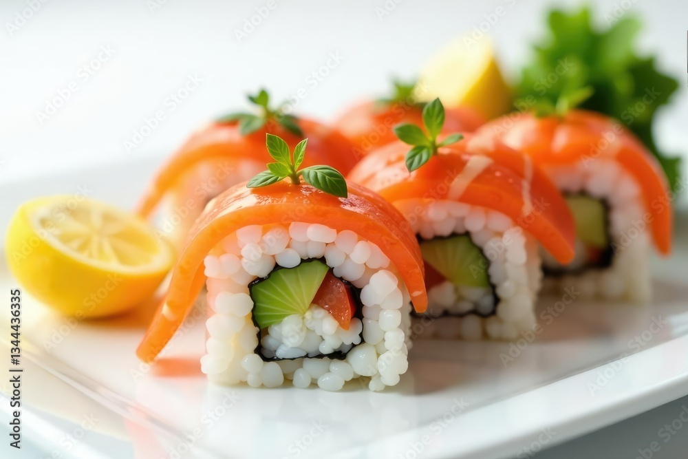Elegant sushi arrangement on white background, design, background Elegant sushi arrangement on white background, design, background